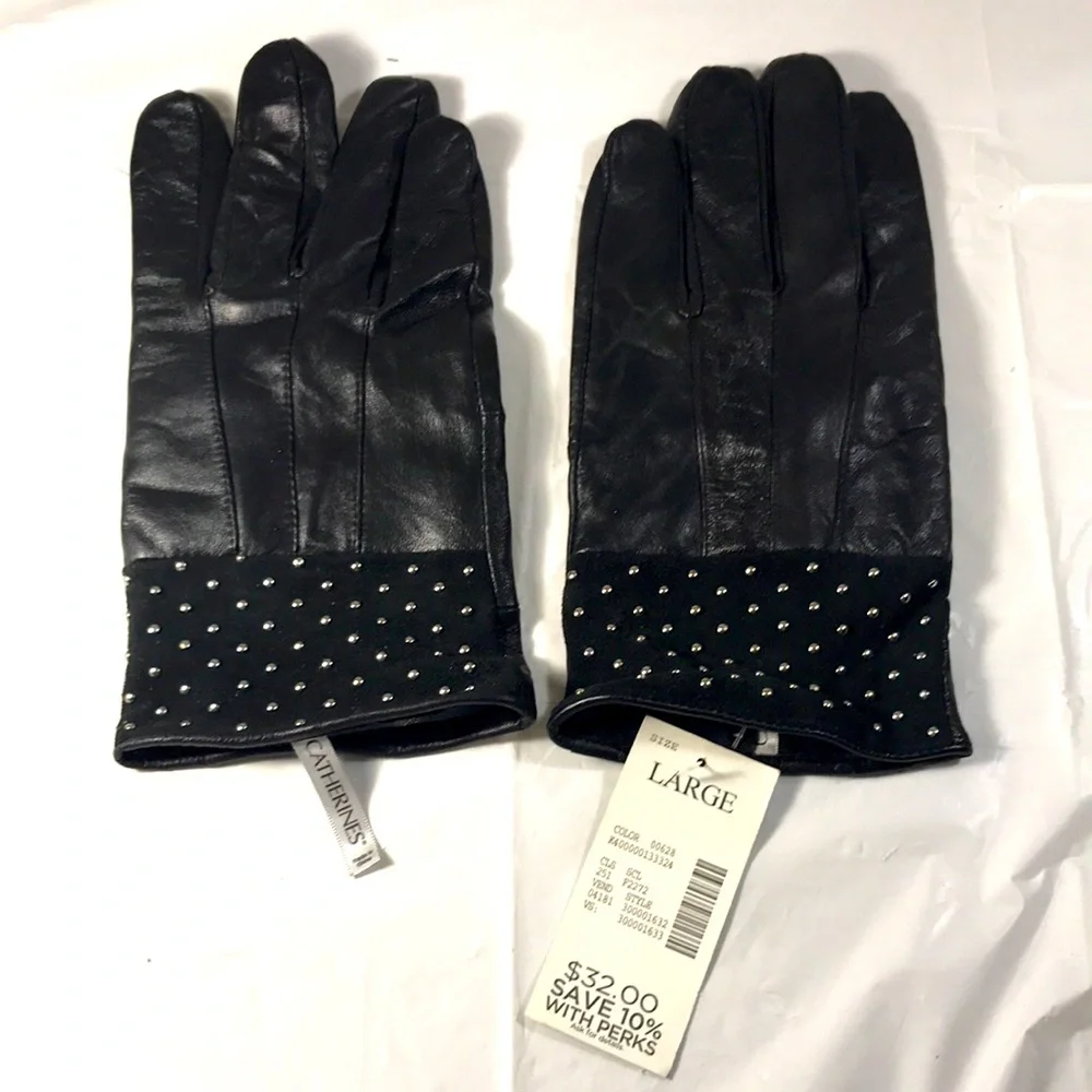 Catherine’s NWT Women’s Black Soft Leather & Suede Silver Studded Driving Gloves
